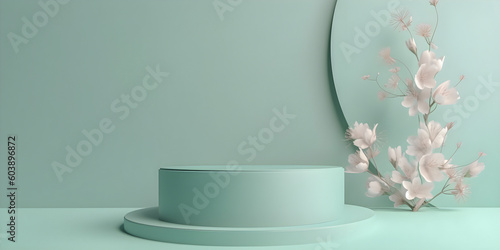 Display podium. Pastel green minimalistic background with pedestal stand and blooming brunch, for product display. AI generated