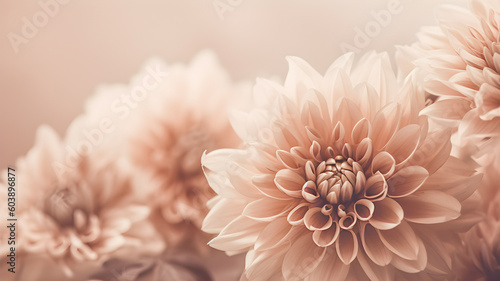 Pastel beige background of large chrysanthemum flower, close up, macro, AI generated