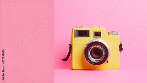 Vintage retro yellow photo camera on a pink background. Photo camera creative concept background. AI generated