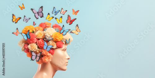 Wallpaper Mural Women head profile with flowers and butterflies, self-care and mental health concept, positive thinking background, free copy space  on light blue. AI generated Torontodigital.ca