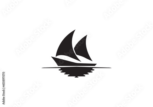 Illustration silhouette sea sailboat is moving forward to the destination sign logo design