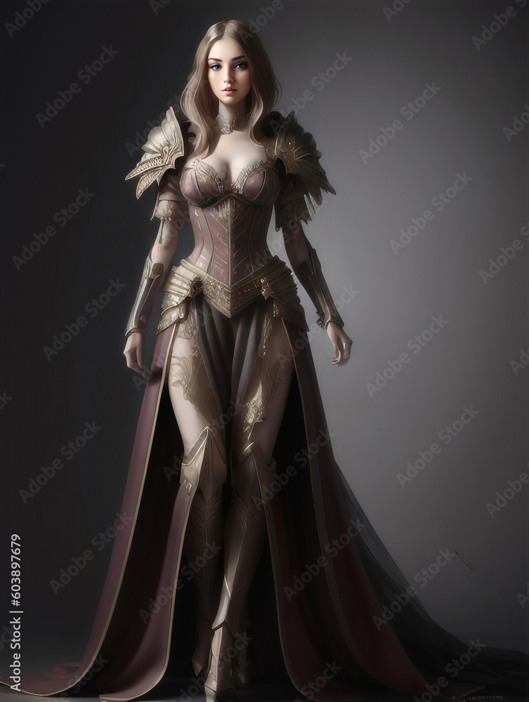 Brown Haired Armored Woman with Long Flowing Gown Fantasy Generative AI illustration