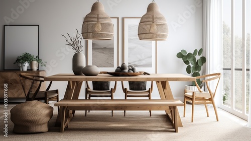 Elegant coastal style dining room with a wooden table and chairs and indoor plants, Scandi interior design AI generated