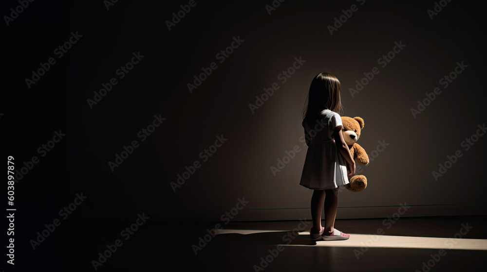 Little female kid sitting alone near teddy bear in dark room, lack of friends Generative AI - obrazy, fototapety, plakaty 