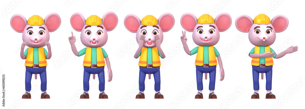 3d render of cute mouse construction worker in various situations, emotions set 4 3d render of cute mouse construction worker in various situations, emotions set 4