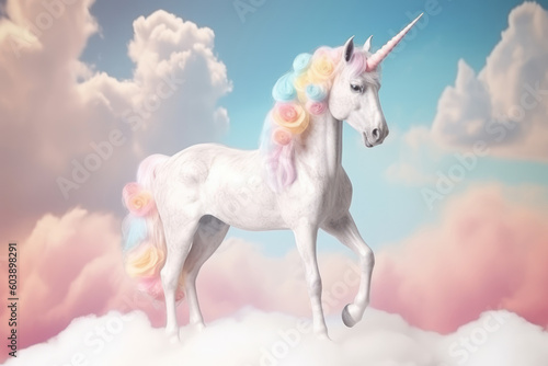 Beautiful White Unicorn in clouds. Fairy tale unicorn. Generative ai illustration