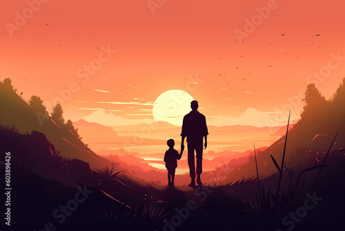 Silhouette father and son holding hands standing on hill against backdrop of setting sun, paternity. Father's day, education, joint family vacation. Generative AI