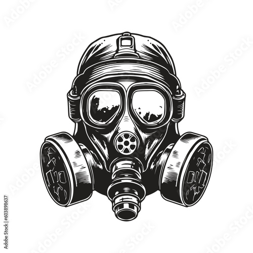 gas mask, vintage logo line art concept black and white color, hand drawn illustration