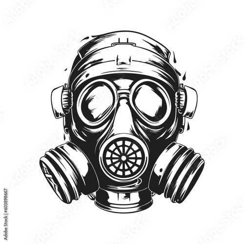 gas mask, vintage logo line art concept black and white color, hand drawn illustration