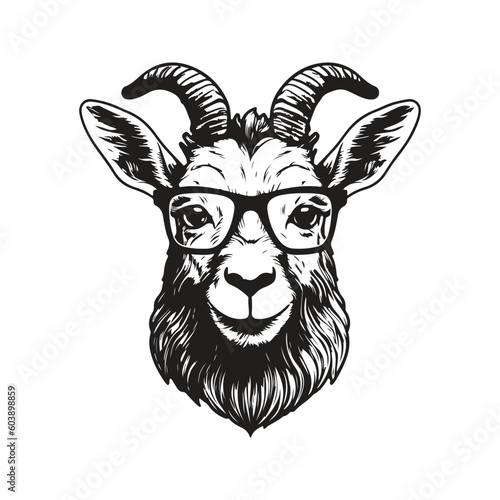 goat hipster, vintage logo line art concept black and white color, hand drawn illustration