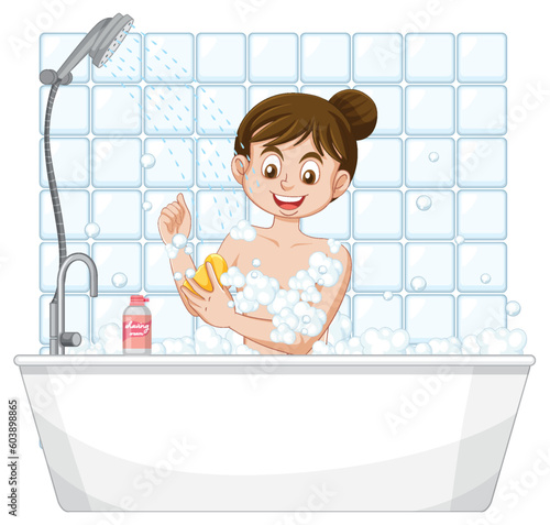 A female teen taking a bath