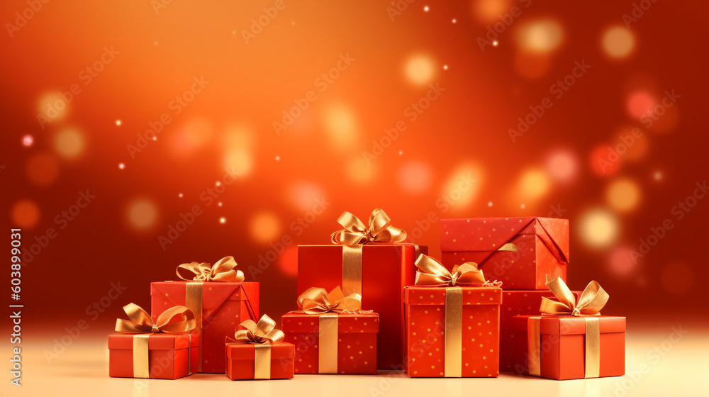 Celebrate in style with our vibrant banner featuring a multitude of gift boxes adorned with velvet ribbons and paper decorations. Perfect for Christmas or birthdays, colorful background, Celebrate in style with our vibrant banner featuring a multitude of gift boxes adorned with velvet ribbons and paper decorations. Perfect for Christmas or birthdays, colorful background,
