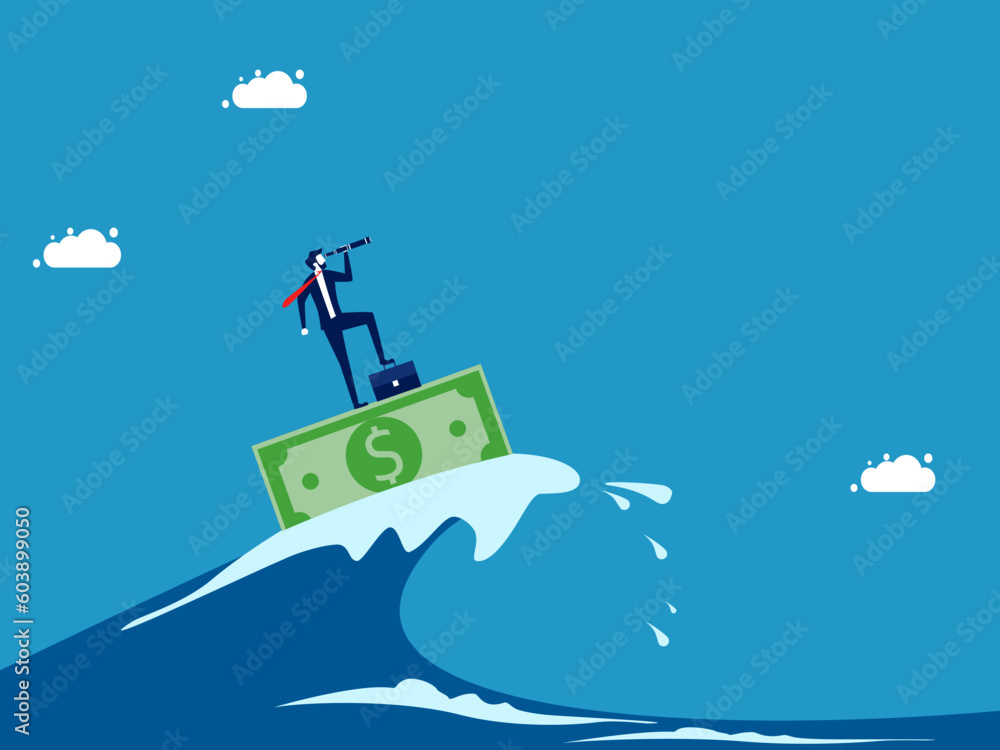 Fighting crises with capital and vision. Visionary businessman surfing the sea with banknotes vector