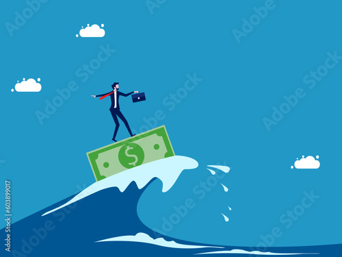 Fight the crisis with funds. Businessman surfing the sea with banknotes vector