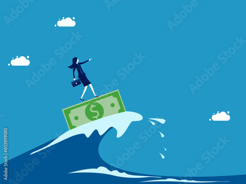 Fight crises with money and leadership. Businesswoman leader surfing sea waves with banknotes vector © Nastudio