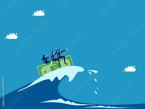 Fight crises with money and leadership. Business team surfing sea waves with banknotes vector