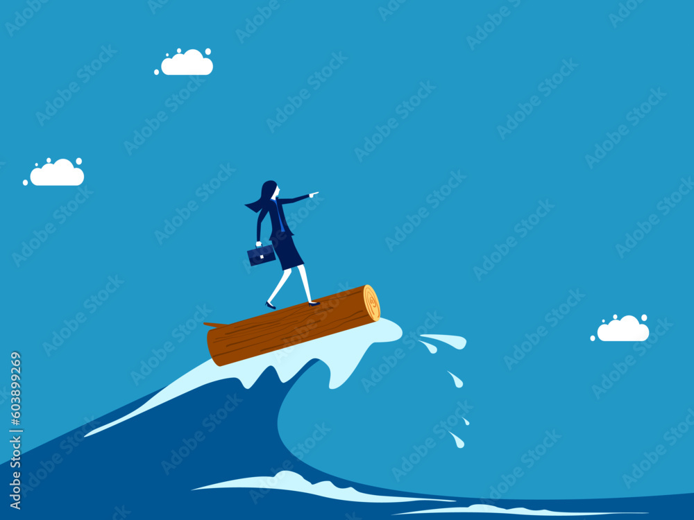 Through the crisis through the efforts of leaders. Businesswoman surfing sea waves with stick vector