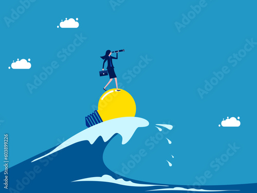 Face crises with vision and knowledge. Businesswoman surfing the ocean waves with a light bulb vector