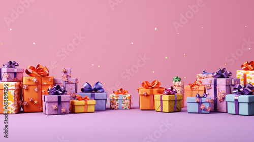 Celebrate in style with our vibrant banner featuring a multitude of gift boxes adorned with velvet ribbons and paper decorations. Perfect for Christmas or birthdays, colorful background,