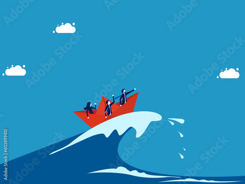 Overcome crises with the patience of a visionary leader. Business team surfing sea waves with paper boats vector