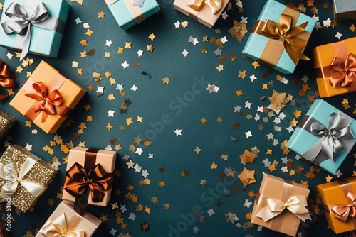 Celebrate in style with our vibrant banner featuring a multitude of gift boxes adorned with velvet ribbons and paper decorations. Perfect for Christmas or birthdays, colorful background, © RBGallery