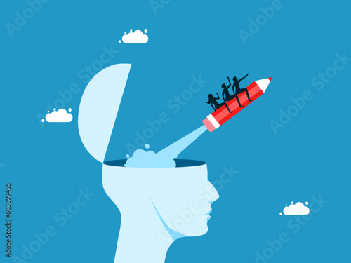 Creativity and imagination. Business team flying with a pencil out of a human head vector