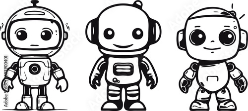 Set of black and white cartoon cute robots for coloring book