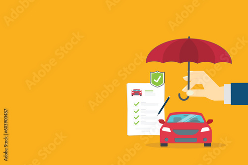 Car insurance document, report. Paper agreement checklist or loan checkmarks form list approved with automobile icon, vehicle financial, car dealership legal deal.	