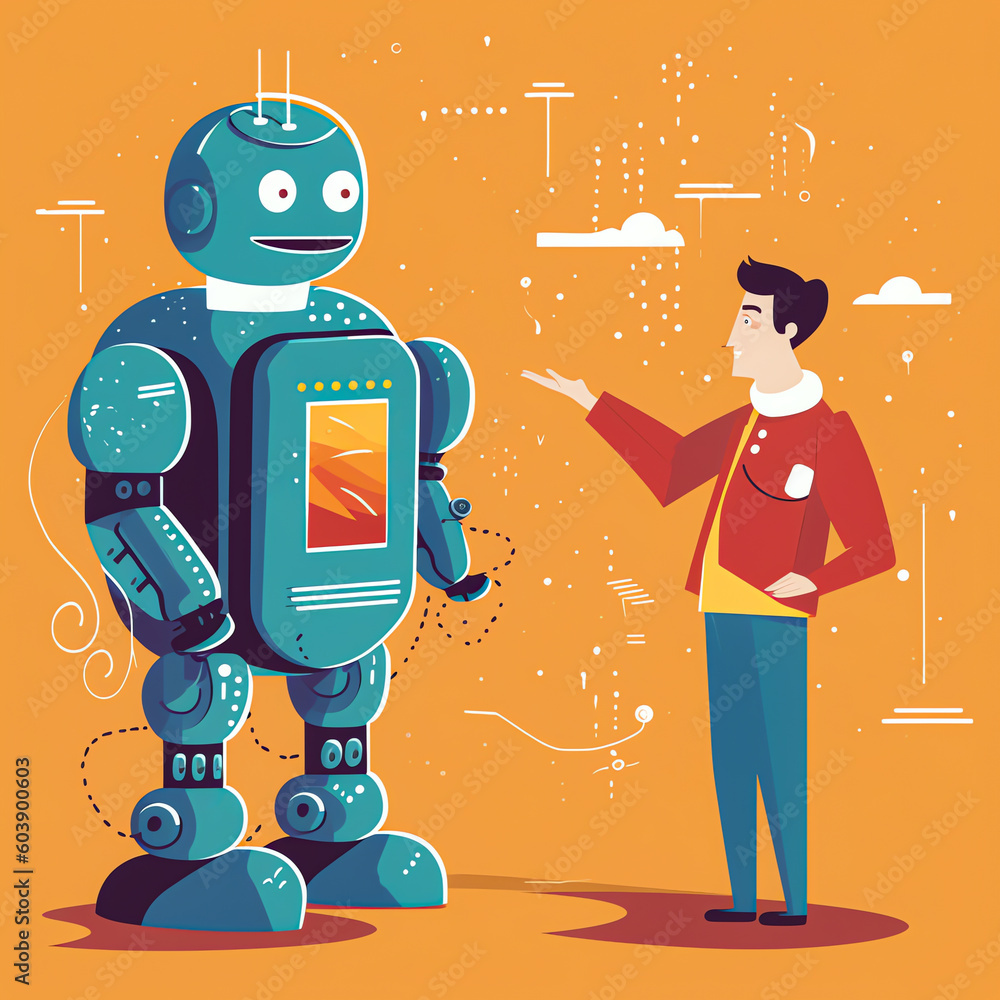 Robot Explaining Robot interaction: A person interacting with a flat-style robot, with ...