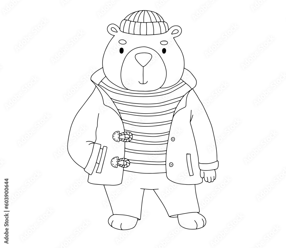 Cute sailor bear dressed in vest, hat and yellow fishing jacket. Funny watercolor illustration of child character Cute sailor bear dressed in vest, hat and yellow fishing jacket. Funny watercolor illustration of child character