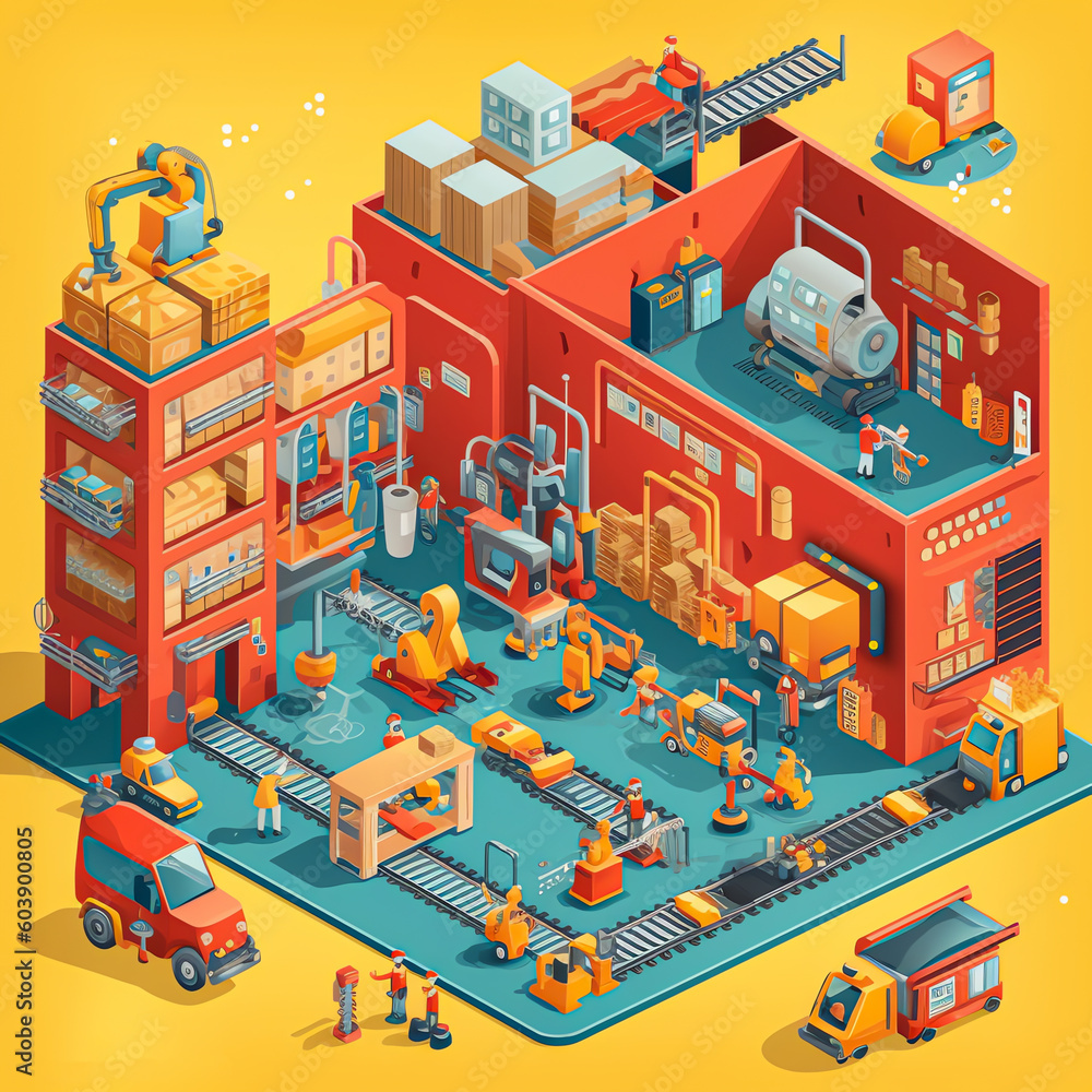 Robotics and automation: A flat-style illustration of factory or warehouse with robots and automated systems, working together with AI algorithms for streamlined production processes. Generative AI.