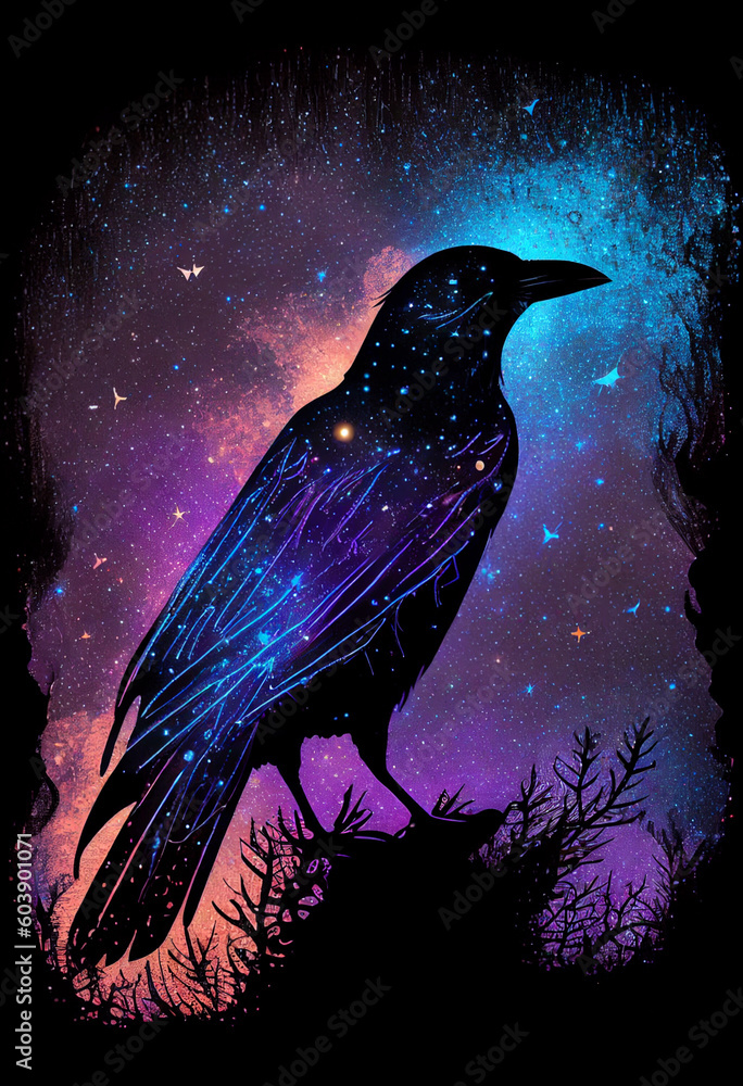 Raven made of the night sky; galaxy night sky raven silhouette design, cosmic jeweltone colors ...