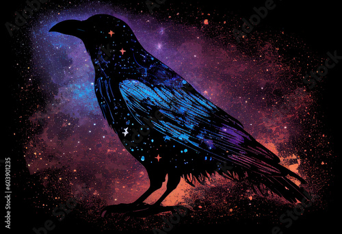 Raven made of the night sky; galaxy night sky raven silhouette design, cosmic jeweltone colors literary mystical, witchy vibe with nods to Odin and Edgar Allan Poe (generative AI, AI) photo
