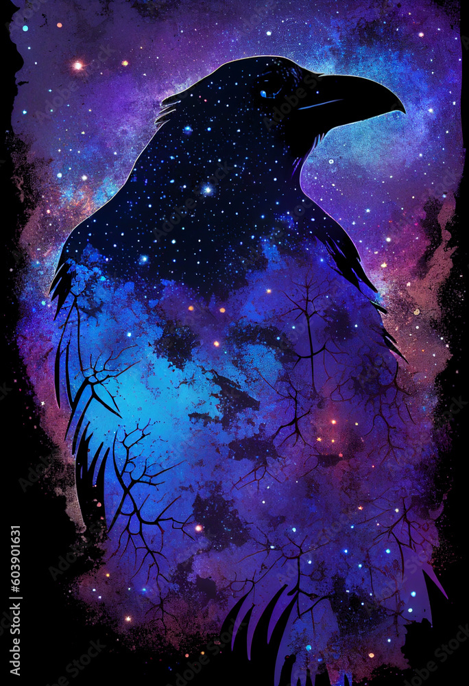 Raven made of the night sky; galaxy night sky raven silhouette design, cosmic jeweltone colors ...