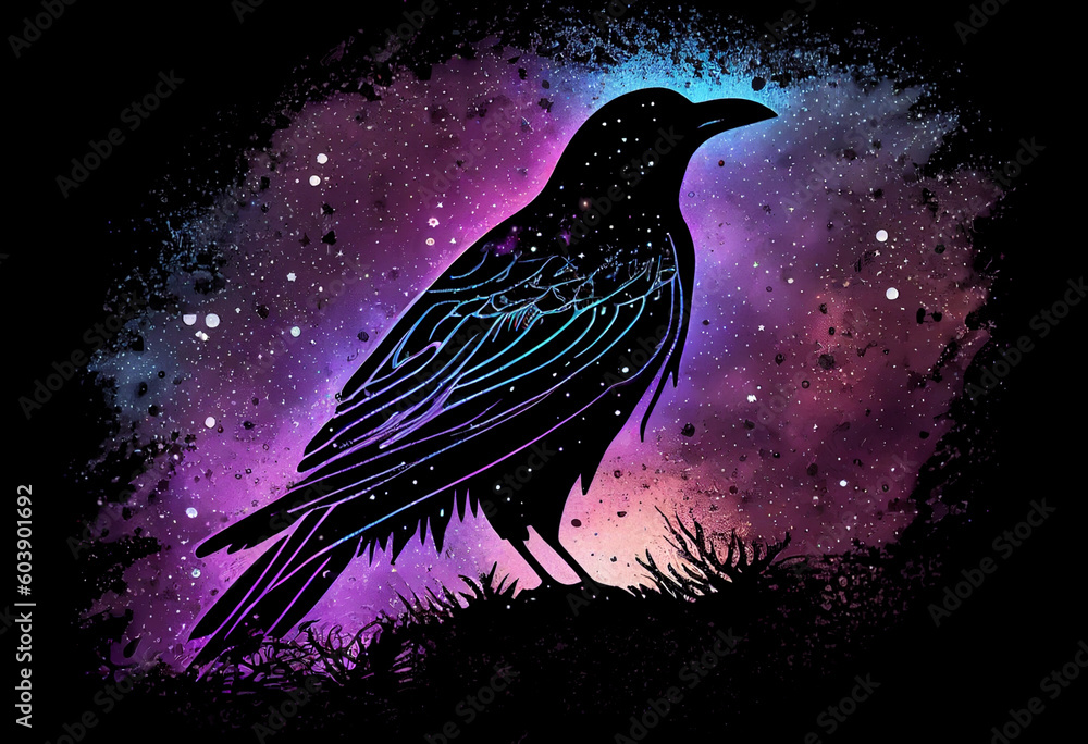 Raven made of the night sky; galaxy night sky raven silhouette design, cosmic jeweltone colors ...