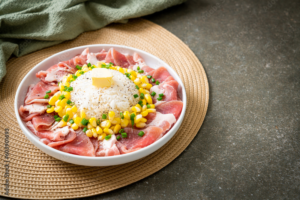 fresh pork raw sliced with rice and corn on plate and ready to cook