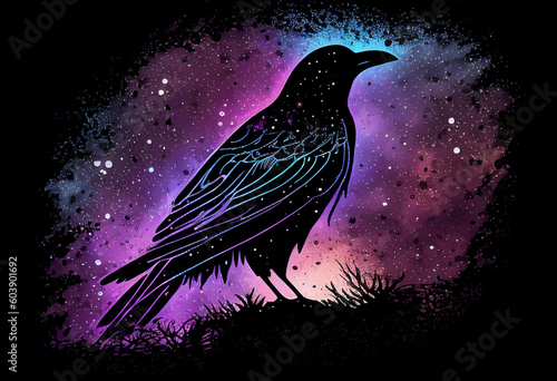 Raven made of the night sky; galaxy night sky raven silhouette design, cosmic jeweltone colors literary mystical, witchy vibe with nods to Odin and Edgar Allan Poe (generative AI, AI) photo