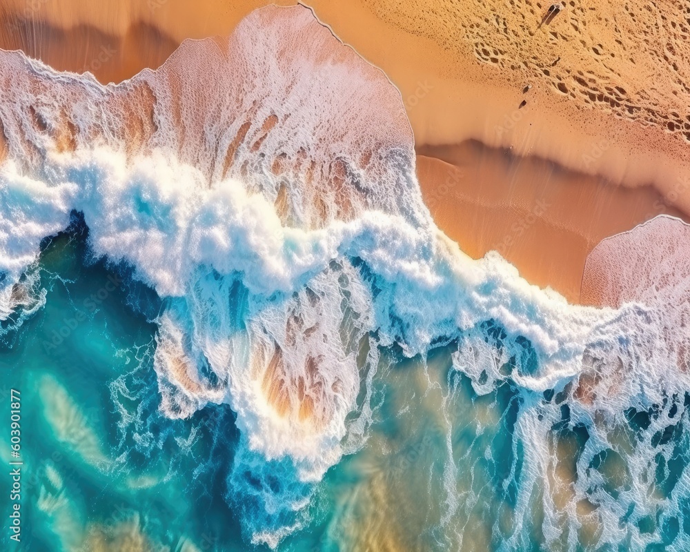 Aerial view of beach and waves, a perfect summer backdrop. (Generative AI)