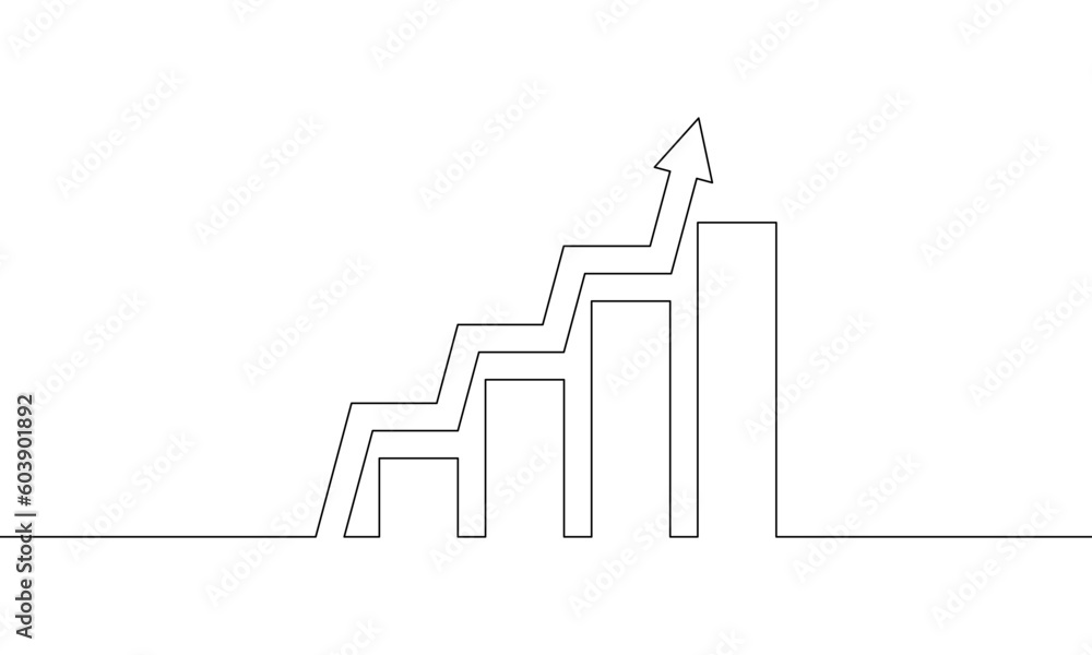Continuous line drawing of graph icon. Business growth. Arrow up. Bar chart, increasing arrow desing, illustration, vector, object one line, single, line art Continuous line drawing of graph icon. Business growth. Arrow up. Bar chart, increasing arrow desing, illustration, vector, object one line, single, line art