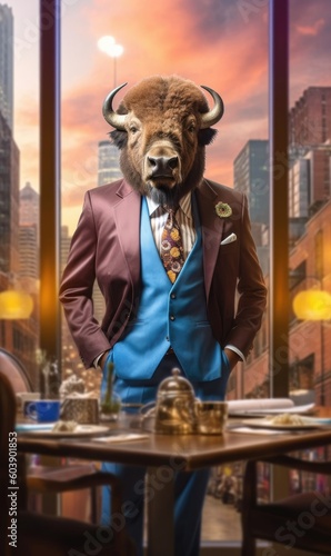 Buffalo dressed in a suit like a businessman (generative AI)
