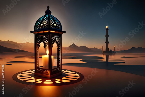 Ornamental Arabic lantern with burning candle glowing . Festive greeting card, invitation for Muslim holy month Ramadan Kareem. Ramadan Kareem greeting photo with serene mosque Generative AI photo