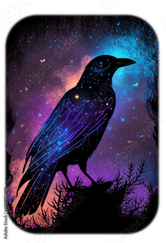 Raven made of the night sky; galaxy night sky raven silhouette design, cosmic jeweltone colors literary mystical, witchy vibe nods to Odin and Edgar Allan Poe; transparent layer (generative AI, AI) photo