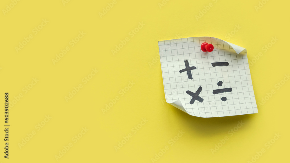 Concept of education, business, math or calculation. Mathematical operations symbols of plus, minus, multiply, and divide over yellow background. Copy space. - obrazy, fototapety, plakaty 
