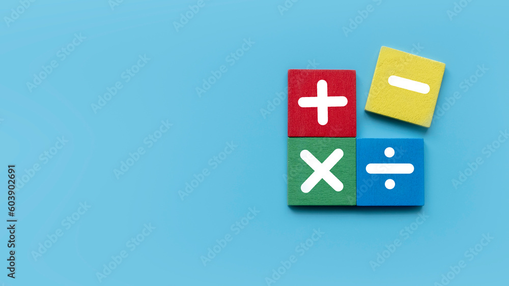 Concept of education, business, math or calculation. Mathematical operations symbols of plus, minus, multiply, and divide over blue background. Copy space. Concept of education, business, math or calculation. Mathematical operations symbols of plus, minus, multiply, and divide over blue background. Copy space.