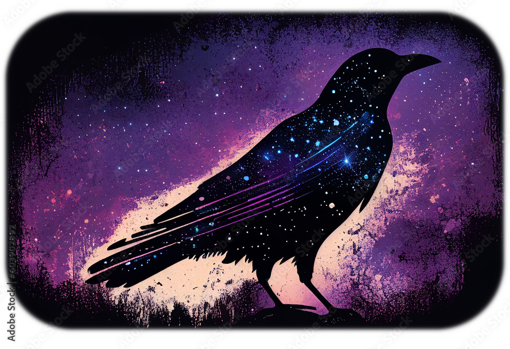 Raven made of the night sky; galaxy night sky raven silhouette design, cosmic jeweltone colors ...
