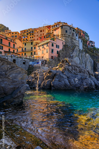 Traditional colorful houses and Mediterranean Sea, Manarola, Cinque Terre, Italy