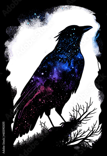 Raven made of the night sky; galaxy night sky raven silhouette design, cosmic jeweltone colors literary mystical, witchy vibe nods to Odin and Edgar Allan Poe; transparent layer (generative AI, AI) photo