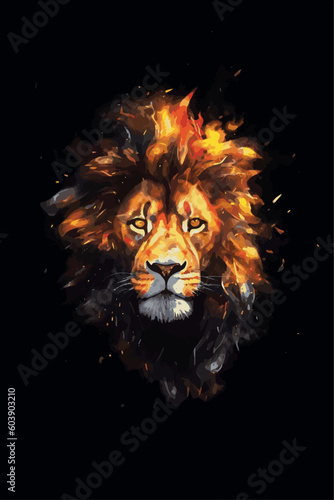 The vector illustration portrays a magnificent lion. Watercolor lion with a black background.