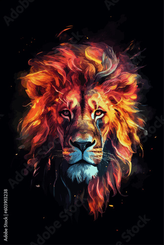 The vector illustration portrays a magnificent lion. Watercolor lion with a black background.
