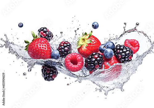 AI generative.  Fresh berries with water splash on white